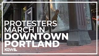 Thumbnail for Pro-Palestinian protesters march in downtown Portland, break windows at Pioneer Courthouse Square | KGW News