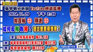 Thumbnail for 2024.11.29 張宇明台股解盤  加百裕⊕順達⊕如何反敗為勝？選出盤面最強股！特會半年空單操作23筆贏22筆共賺297元！普會多空雙向操作賺233.4元 【#張宇明分析師】 | 張宇明分析師