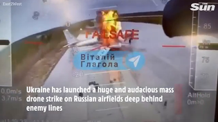 Thumbnail for Video - ((( Ukrainian ))) 5th Column drone attacking Russian nuclear-conventional bombers, over 5 Russian airforce bases, and 2 key bridges "collapsed" deep inside Russia's borders. - All just two days before scheduled "Peace Talks."