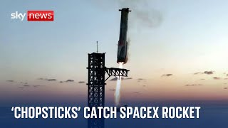 Thumbnail for SpaceX completes world first landing after rocket booster caught by mechanical arms | Sky News